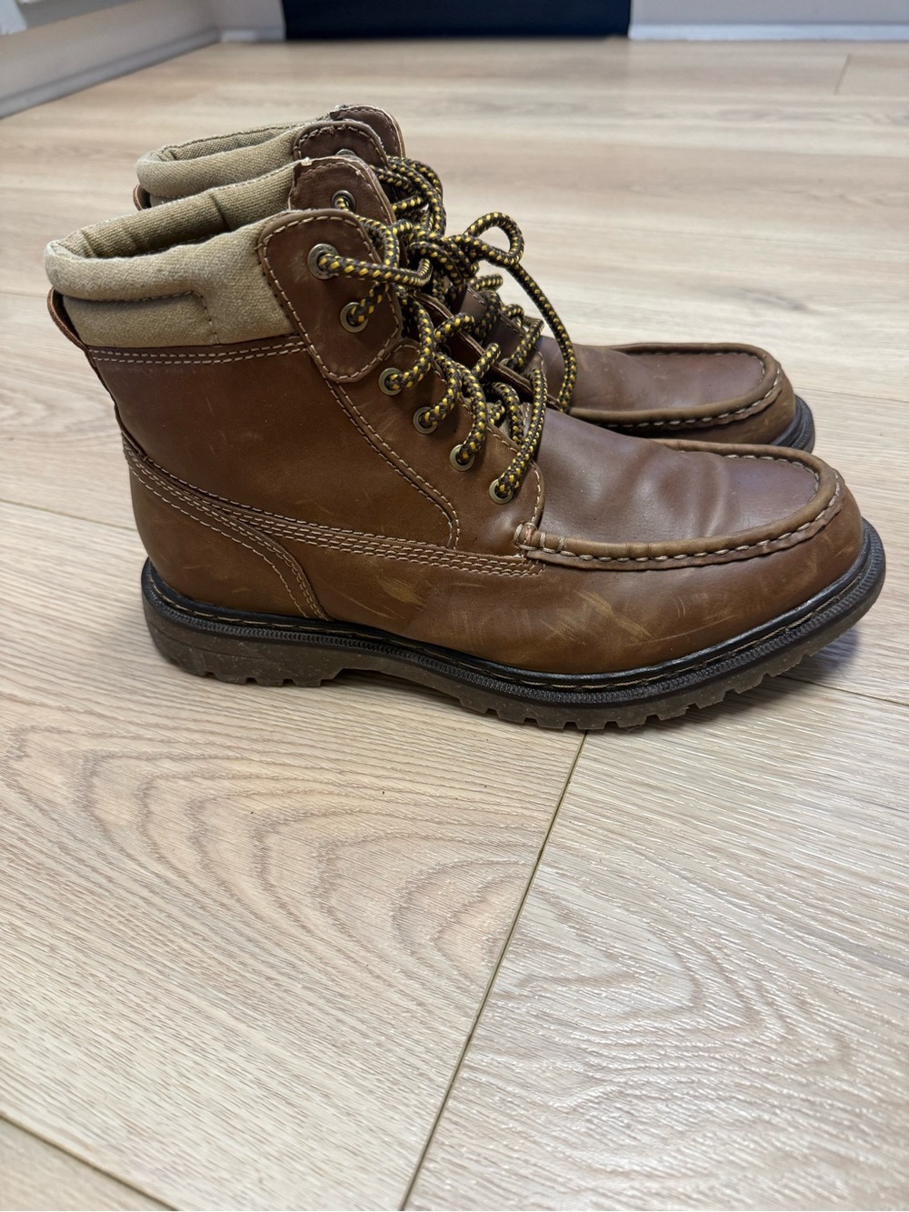 Dockers Rockford Brown Leather Moc Toe Work Boots with Tan Collar Men’s 8